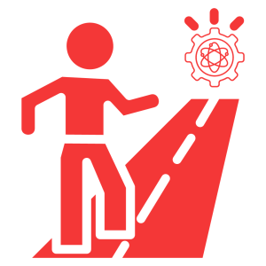 Icon of a person walking along a road with a quantum technology symbol in the distance